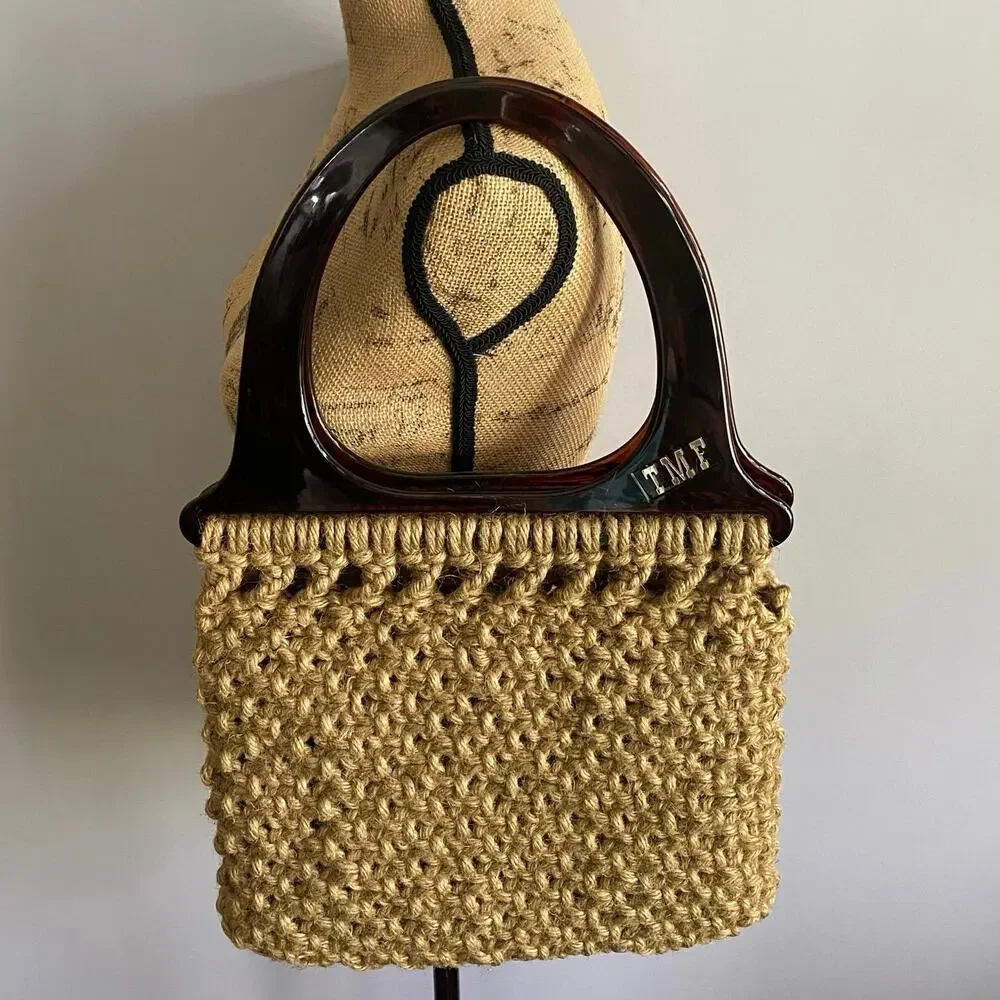 Vintage Macrame Beige Woven Handbag With Bakelite Lucite Handles Handmade Boho